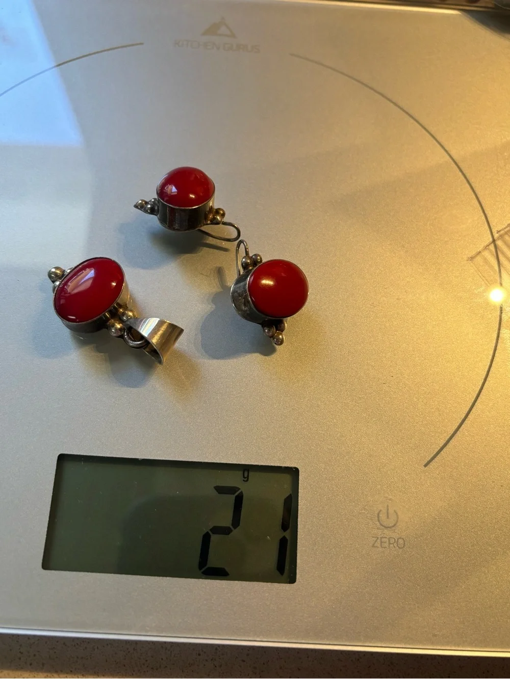 Vintage Taxco signed Mexico Sterling Silver Red Coral Pendant and Earrings Set - Picture 5 of 5